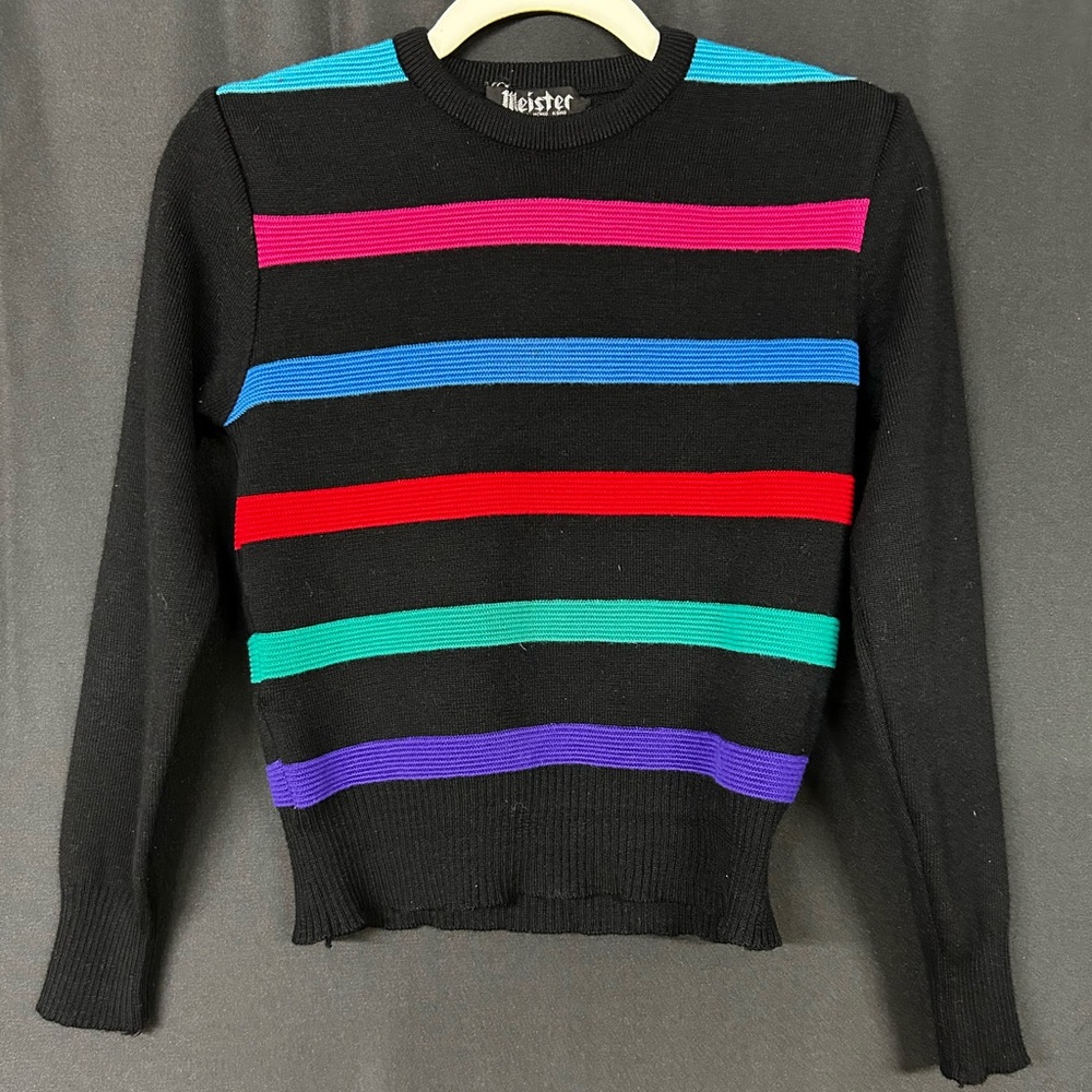 Vintage 80s Meister Rainbow Stripe Women's Ski Sweater Black 100% Retro Wool